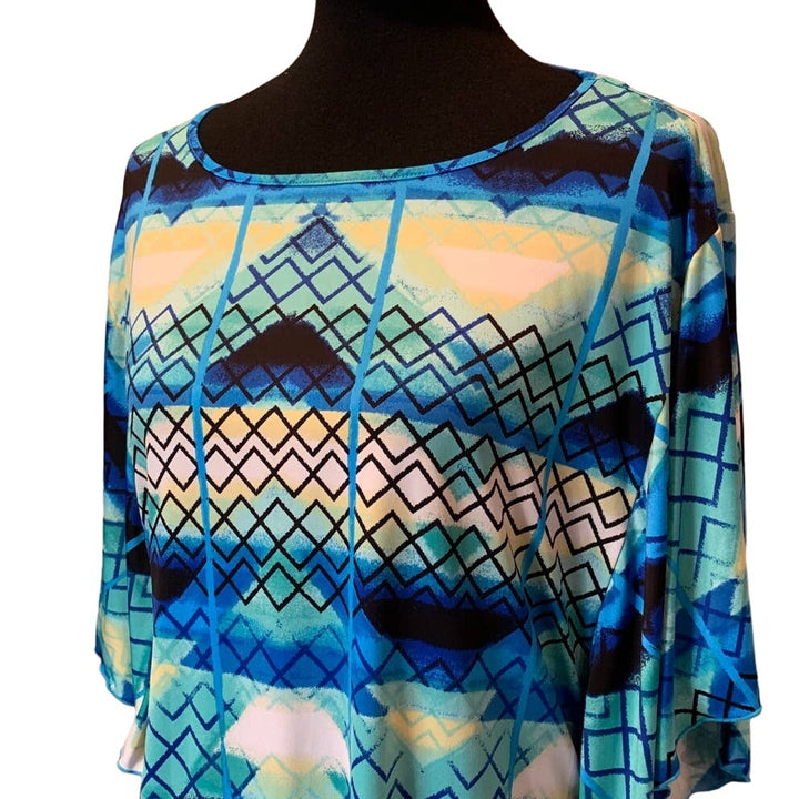 Style &amp; Co Large Stretch Polyester Flutter Sleeve Geometric Side Ruched Top