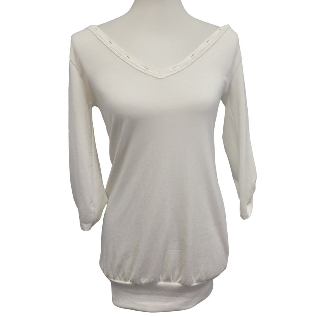 Passion Womens Small White Viscose Spandex Long Sleeve Lace Up V Neck Top