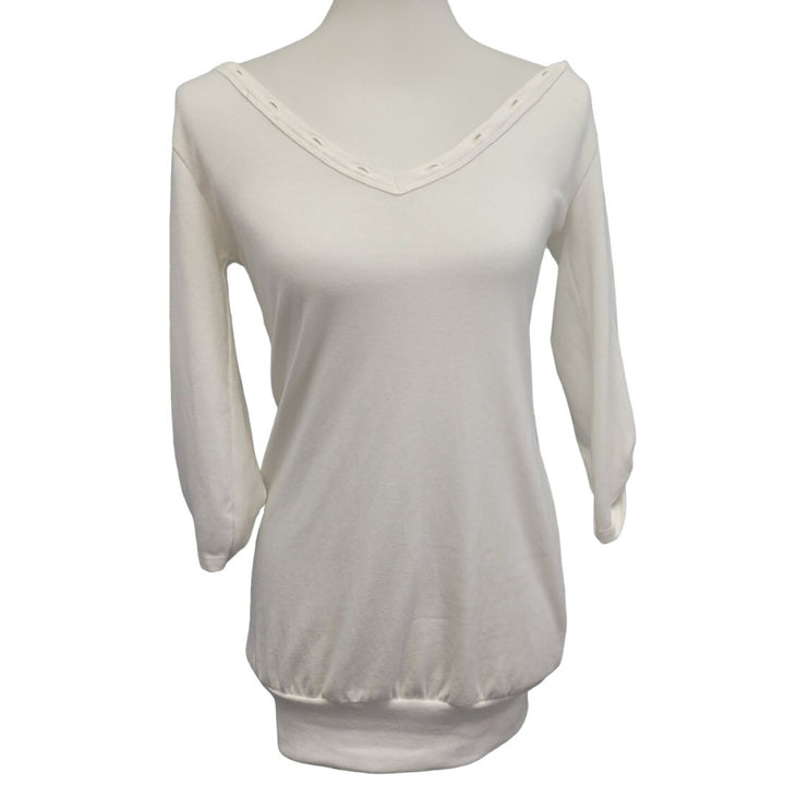 Passion Womens Small White Viscose Spandex Long Sleeve Lace Up V Neck Top