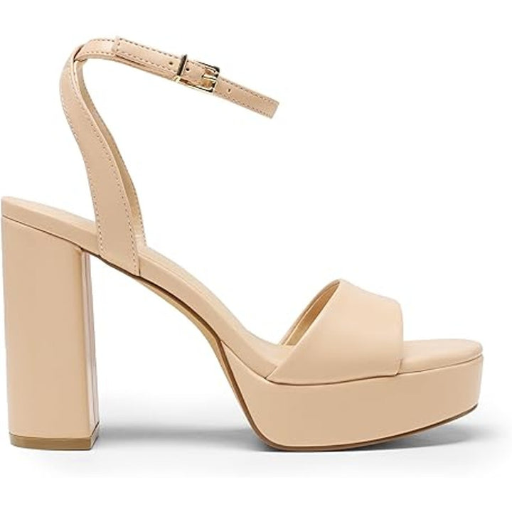 Dream Pairs Women Size 8 Tan Nude Faux Leather 4.5" Chunky Heel Open Toe Shoes