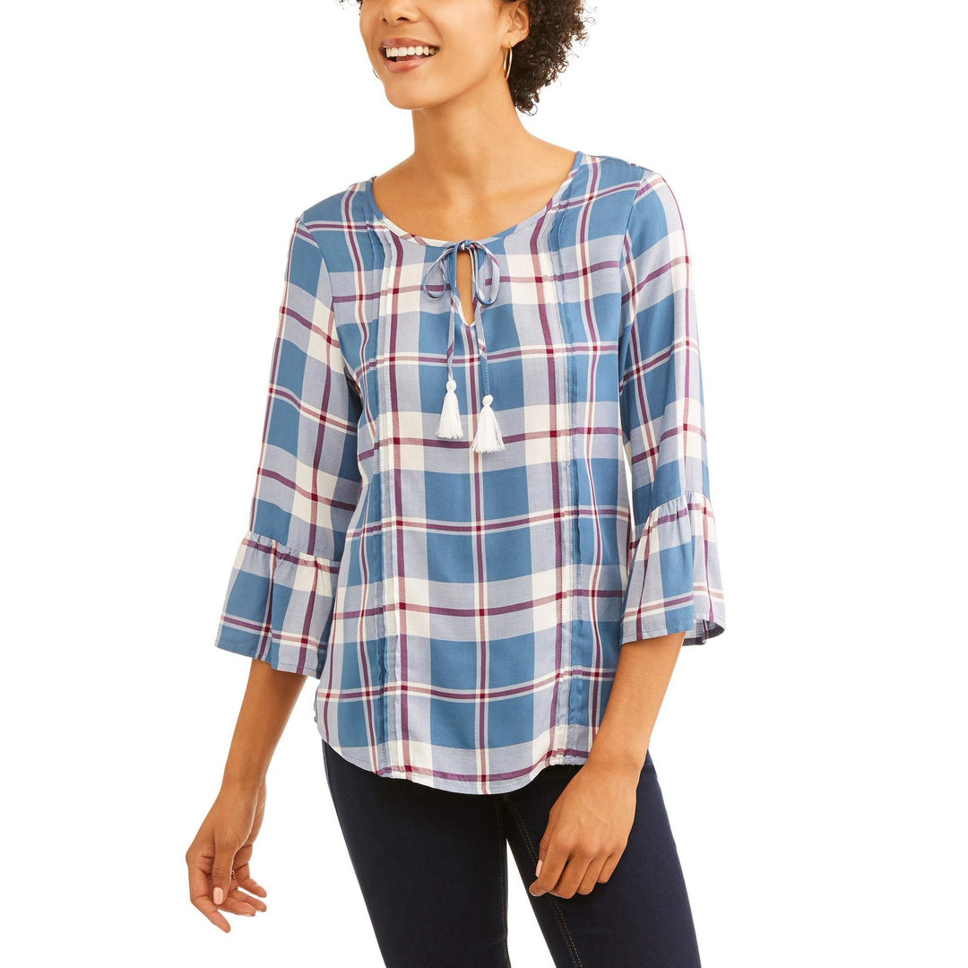 NWT New Como Blu Womens Medium Blue Plaid Half Bell Sleeve Rayon Front Tie Top