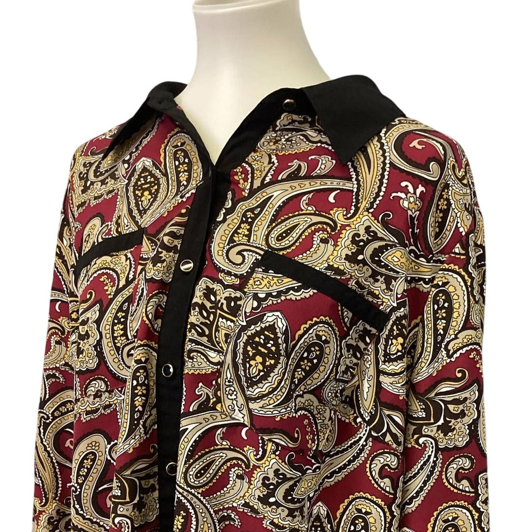 Elementz Woman 2X Long Sleeve Polyester Blend Paisley Button Down Blouse Top