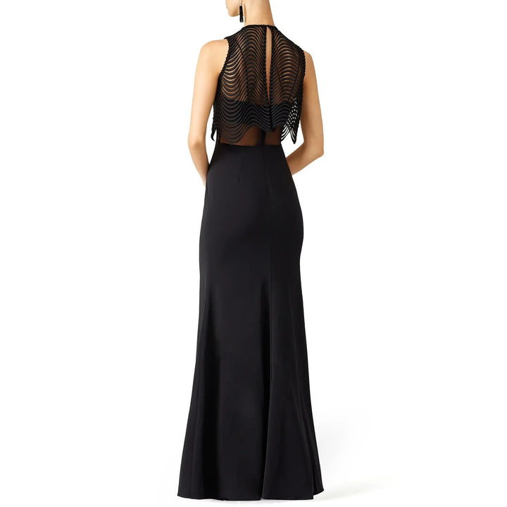 Badgley Mischka Size 12 Black Lace Jennifer Wave Popover Maxi Length Dress Gown