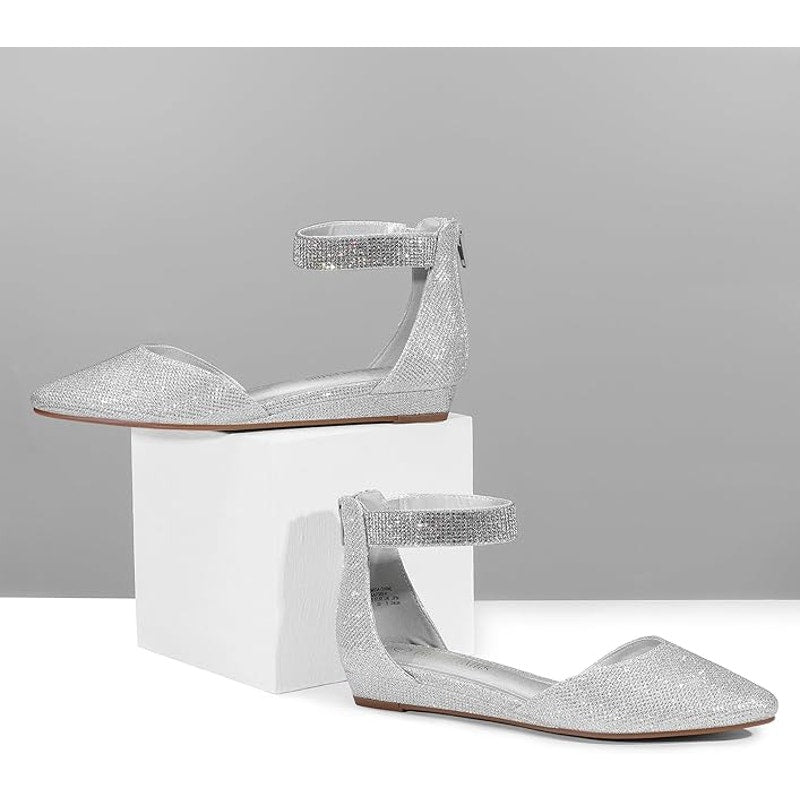 Dream Pairs Womens Size 7 Silver Rhinestone Glitter Ankle Strap Flats Shoes