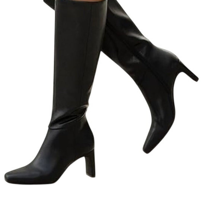 Athlefit Womens Size 8 Black Faux Leather 3" Block Heel Knee High Side Zip Boots