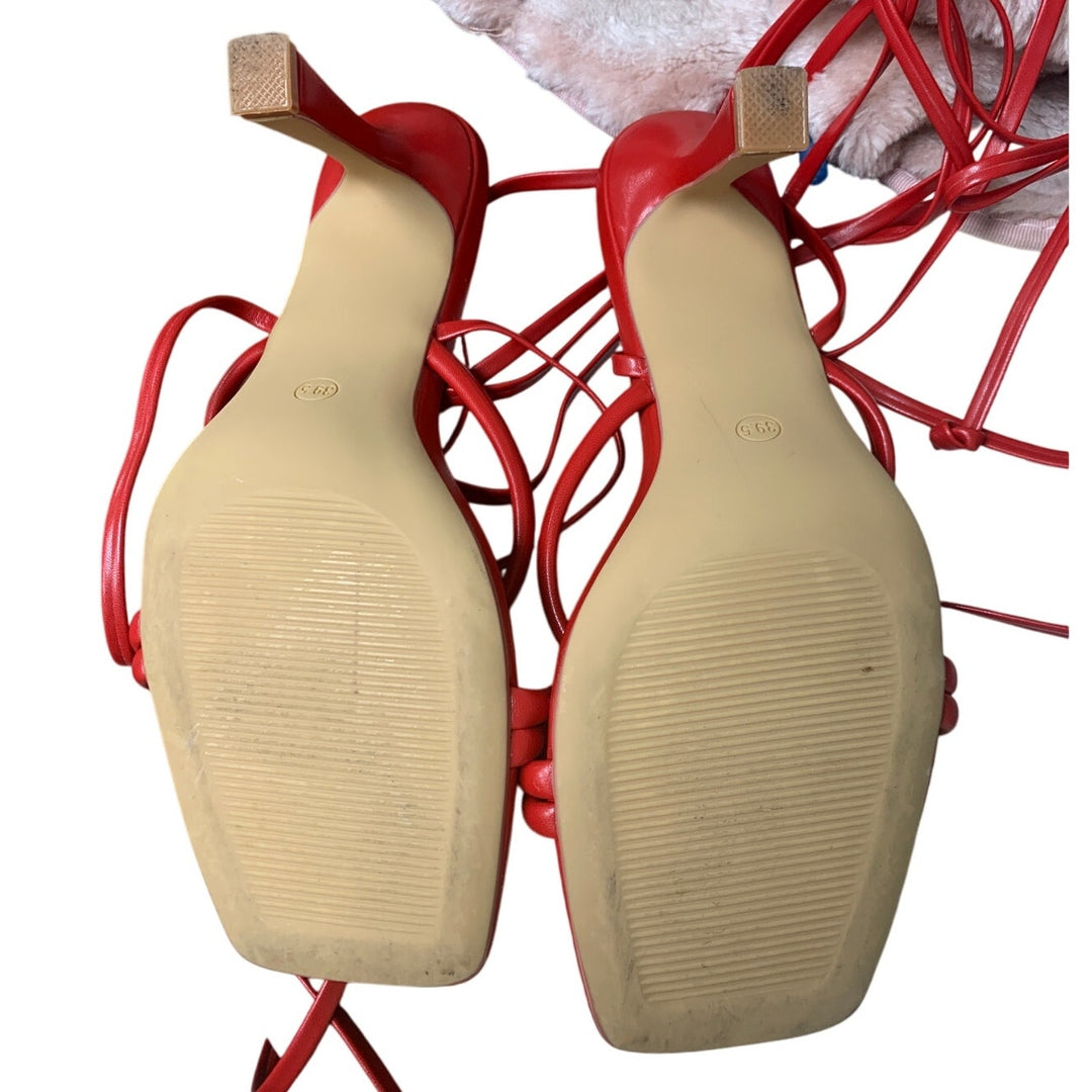 Mostrin Womens Size 9 Red Ankle Wrap Open Toe 4" Heel Lace Up Sandal Shoes