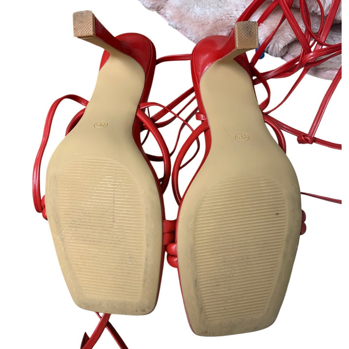 Mostrin Womens Size 9 Red Ankle Wrap Open Toe 4" Heel Lace Up Sandal Shoes