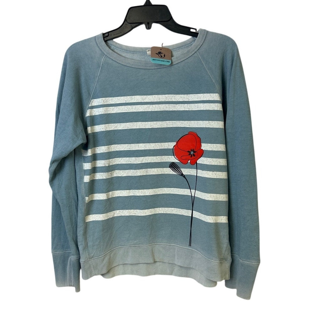 Upcycled Hand Printed Womens Small Red Poppy Flower Striped Sweatshirt