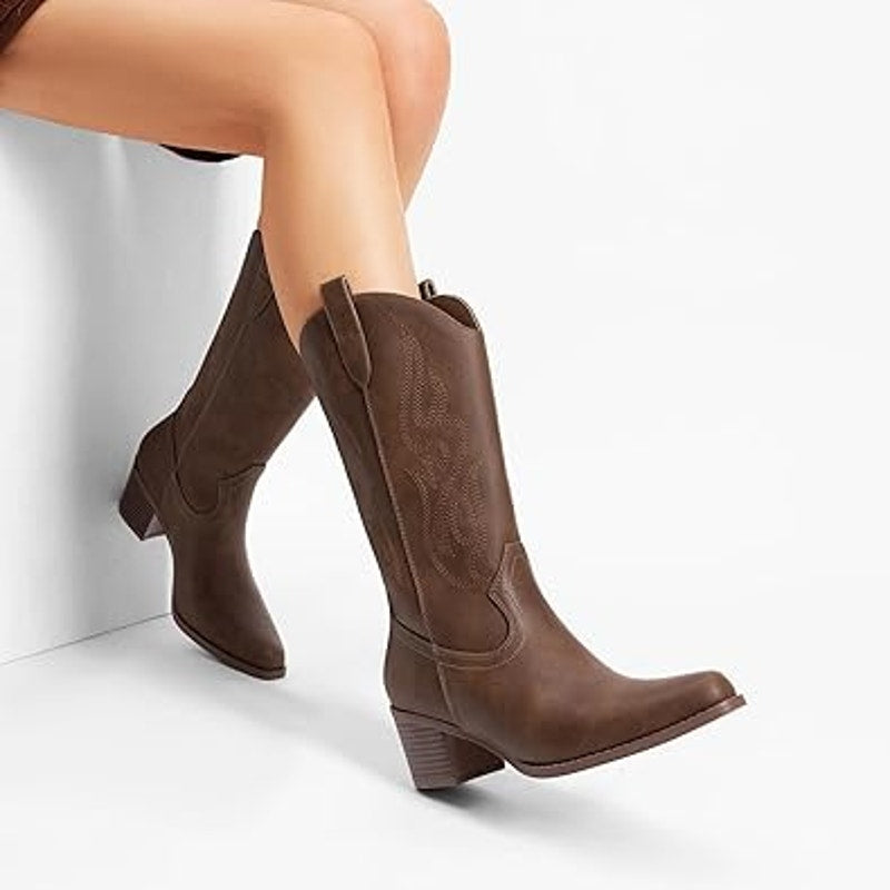 Dream Pairs Womens Size 7.5 Brown 2.5" Chunky Heel Pull On Western Cowboy Boots