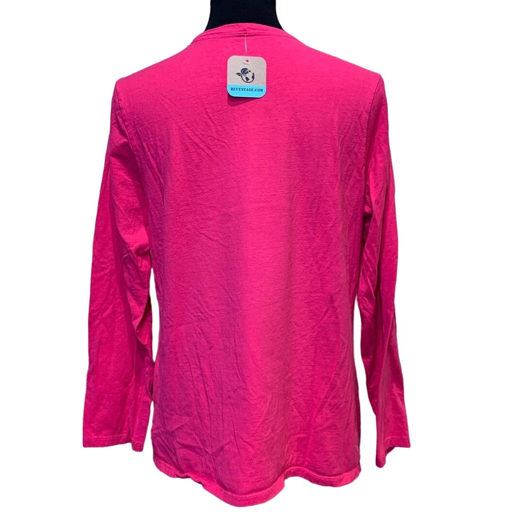 Upcycled Hand Printed Womens XL Pink Robin Ukraine Fundraiser Long Sleeve Tee