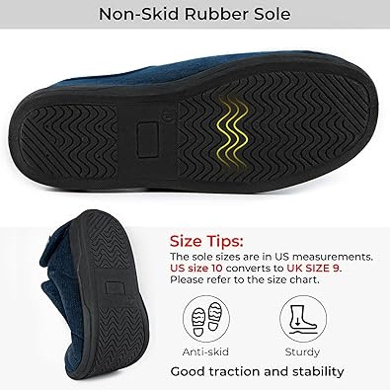 Home Top Mens Size 9 Navy Corduroy Adjustable Hook &amp; Loop Memory Foam Slippers