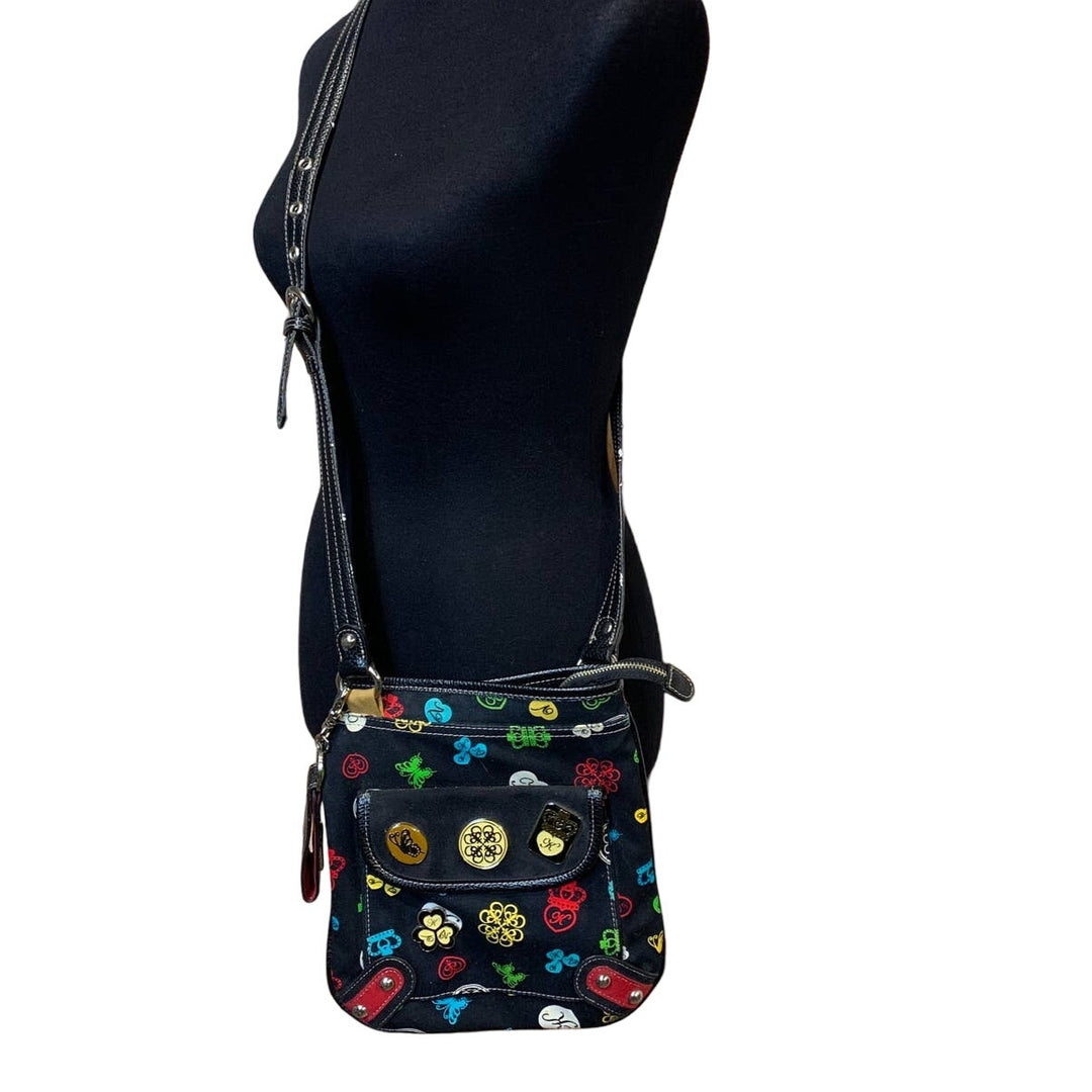 Kathy Van Zeeland Black Canvas Crossbody Purse Lots of Zip Pockets Keychain
