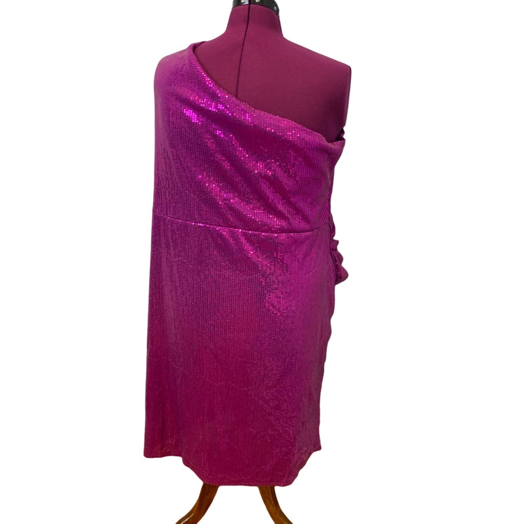 XPlus Wear Plus Size 5X One Shoulder Pink Sequin Swooping Long Sleeve Dress