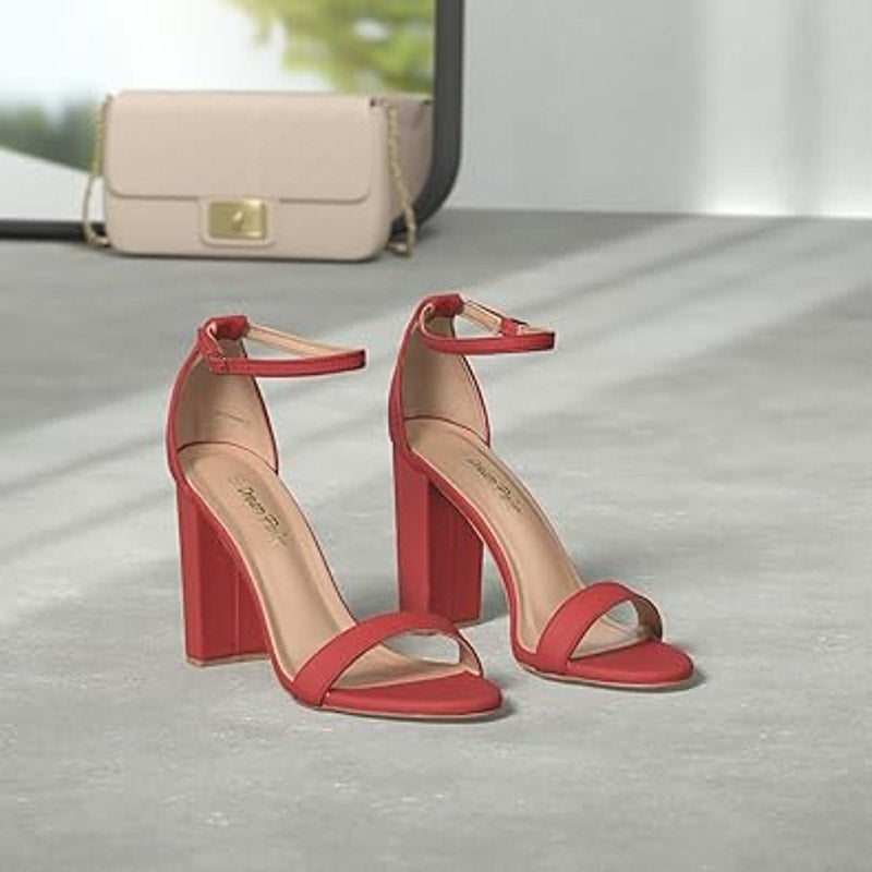 Dream Pairs Womens Size 7.5 Red Faux Suede Ankle Strap 4" Chunky Heel Shoes