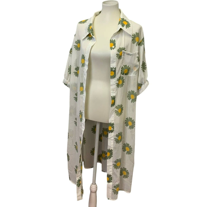 Shein Womens 1X Long Green Daisy Floral Sheer Polyester Open Coverup Blouse Top