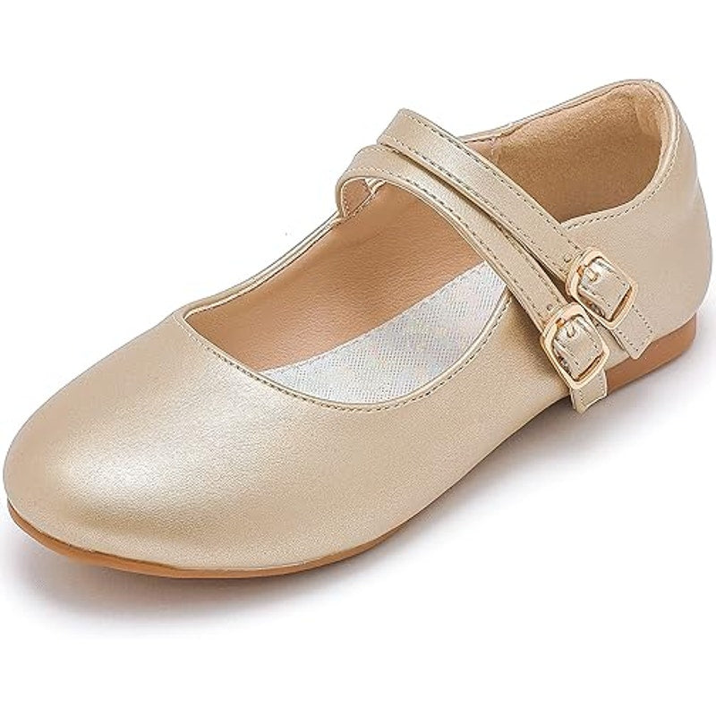 Parrosoo Toddler Girls Size 8 Matte Gold Flats Latch &amp; Hook Close Dress Shoes