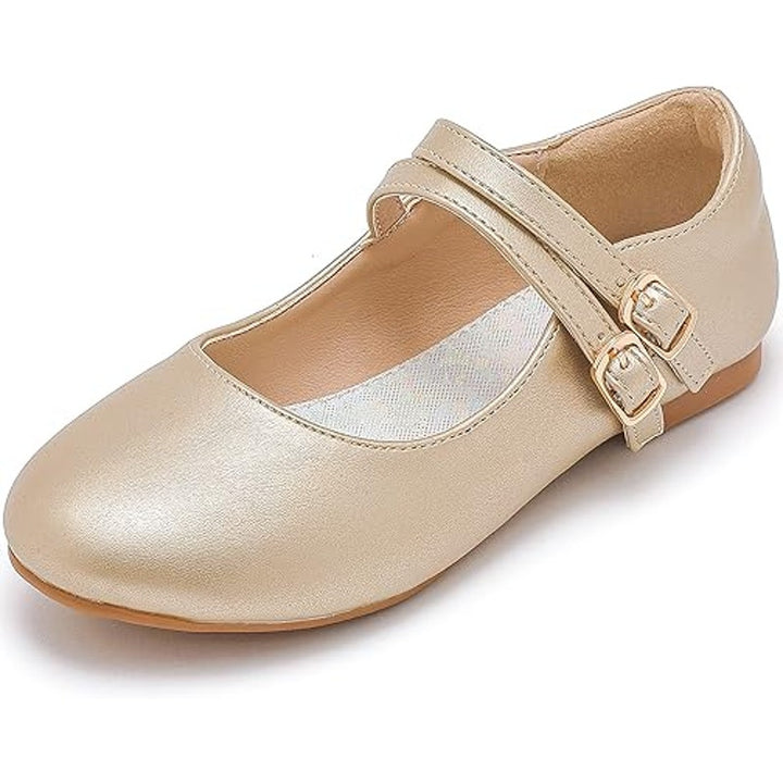 Parrosoo Toddler Girls Size 8 Matte Gold Flats Latch &amp; Hook Close Dress Shoes