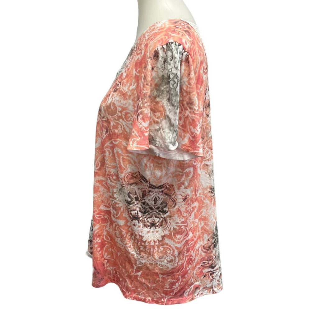 Time &amp; Tru Womens Large Rhinestone Lace Scrollwork Short Sleeve Polyester Tee