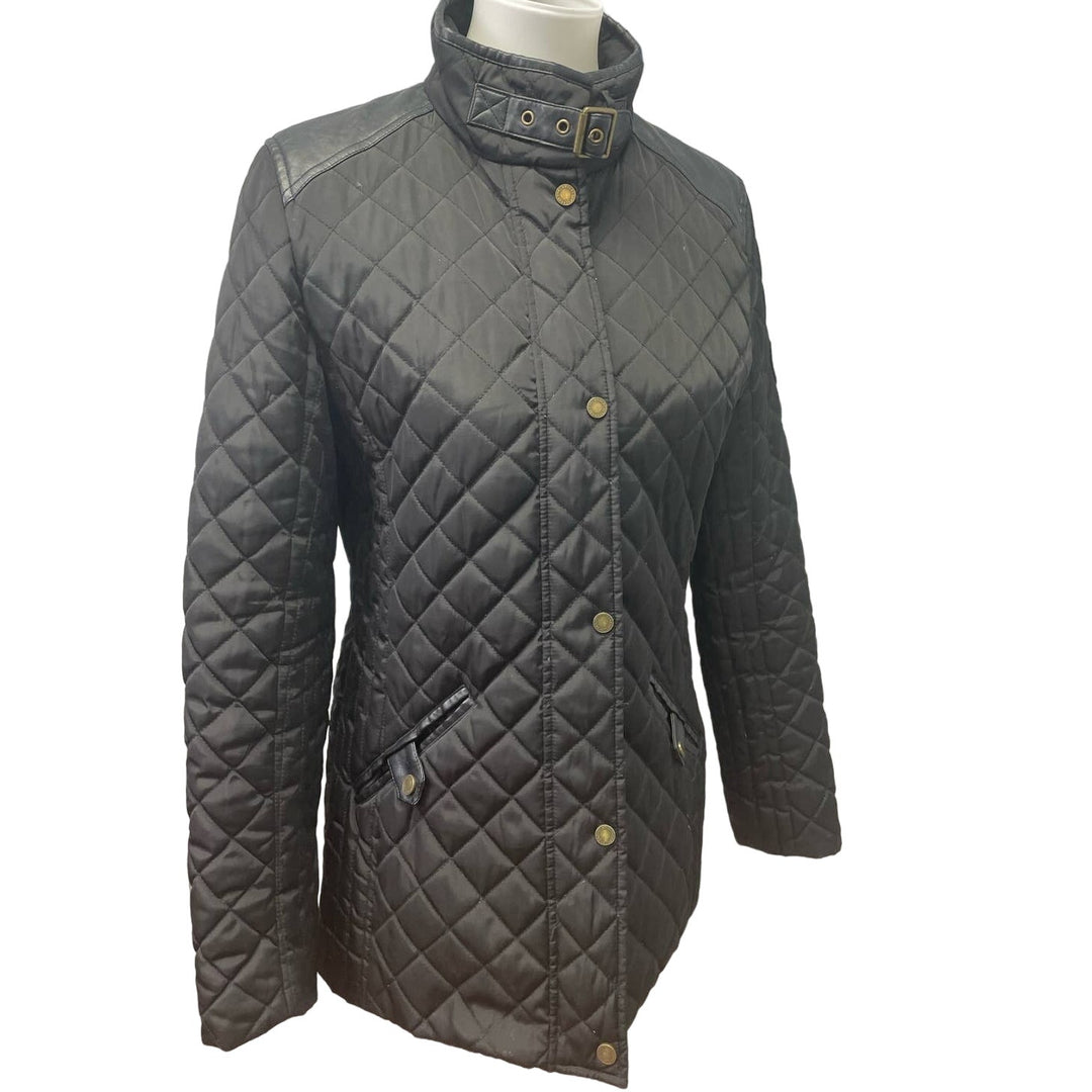 Lauren Ralph Lauren Small Black Quilted Faux Leather Trim Full Zip Jacket Coat