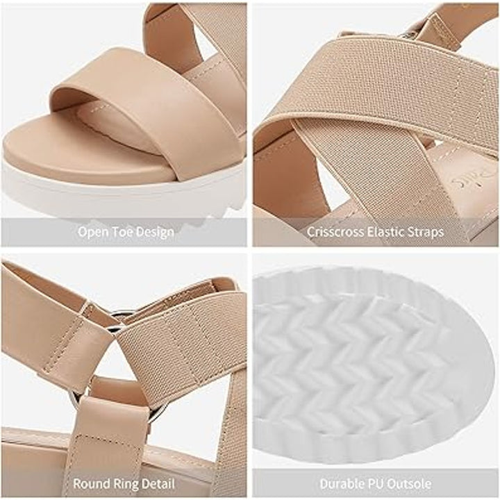Dream Pairs Womens Size 11 Tan White Elastic Ankle Strap 2.5" Platform Sandals