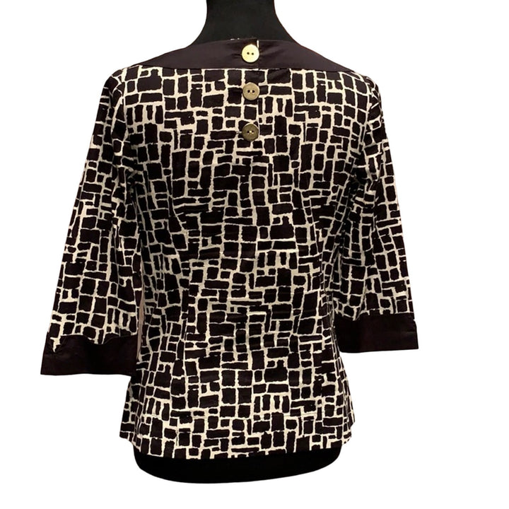 Ann Taylor Size 2 Stretch Cotton Side Zip Block Pattern 3/4 Sleeve Blouse Top