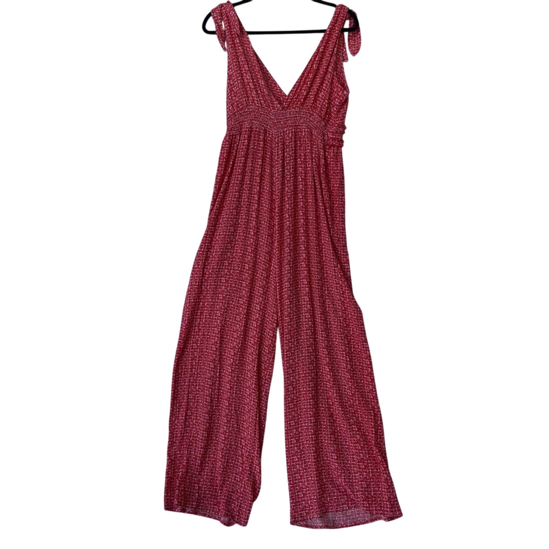 NWT New Shinestar Womens Medium Red White 100% Rayon V-Cut Sleeveless Jumpsuit