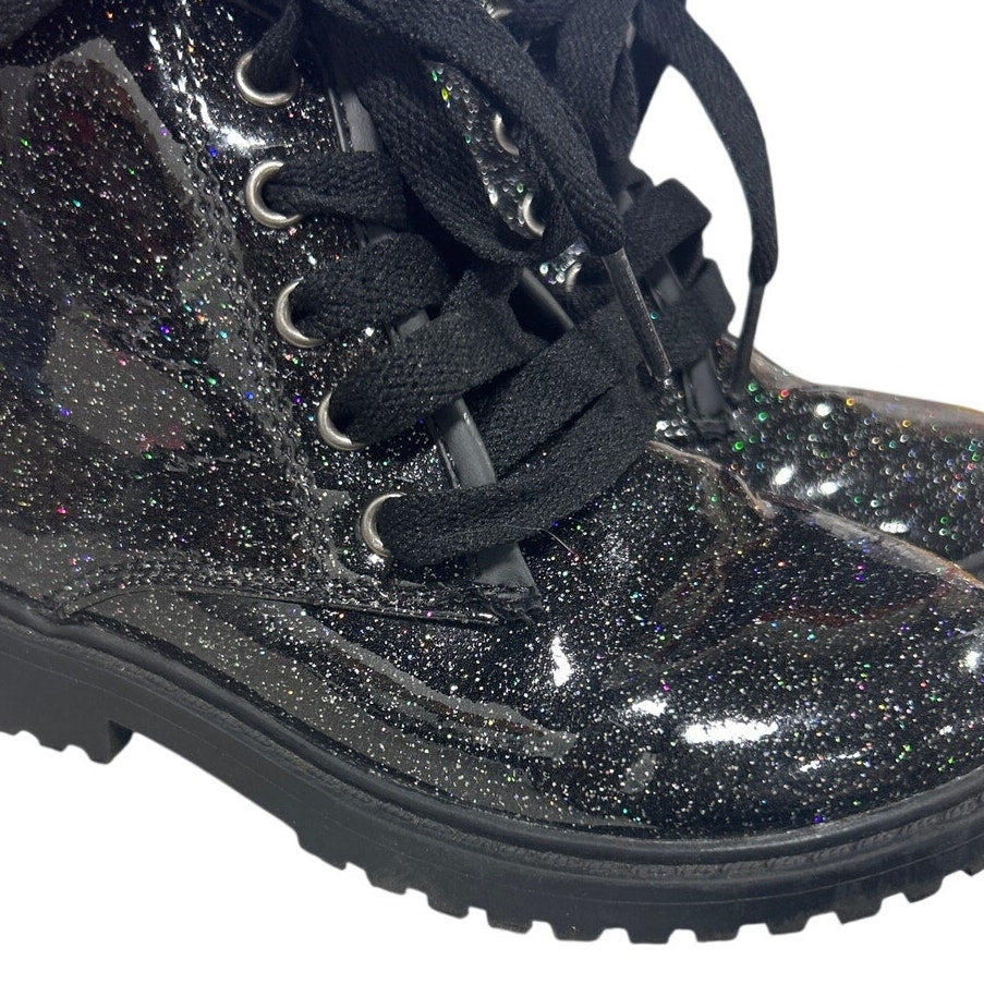 Fitory Girls Size 11 Black Sparkle Glitter Lace Up  Side ZIp Ankle Combat Boots