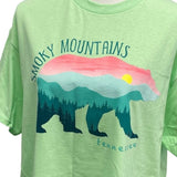 Womens Large Smoky Mountains Tennessee Sunset Grizzly Bear Short Sleeve Tee