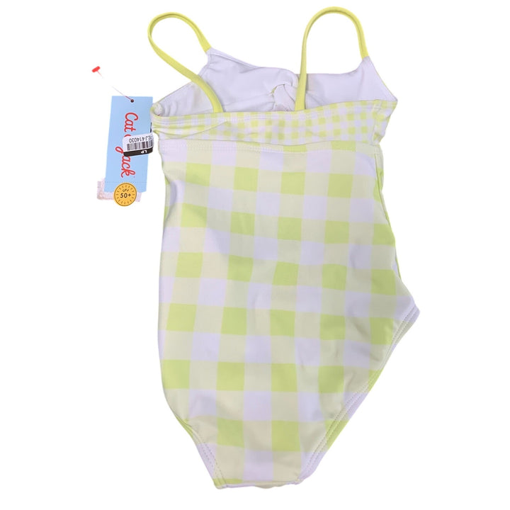 New Cat &amp; Jack Girls Large 10/12 Keyhole Front Neon Yellow Check 1PC Swimsuit