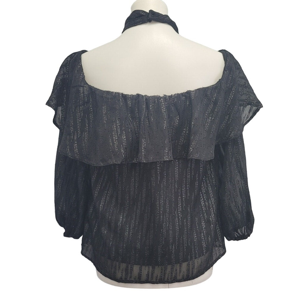 Beige by Eci Womens Small Black Polyester Long Sleeve Sheer Sparkle Lined Top
