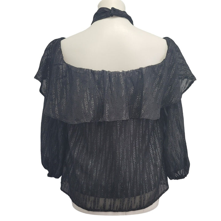 Beige by Eci Womens Small Black Polyester Long Sleeve Sheer Sparkle Lined Top
