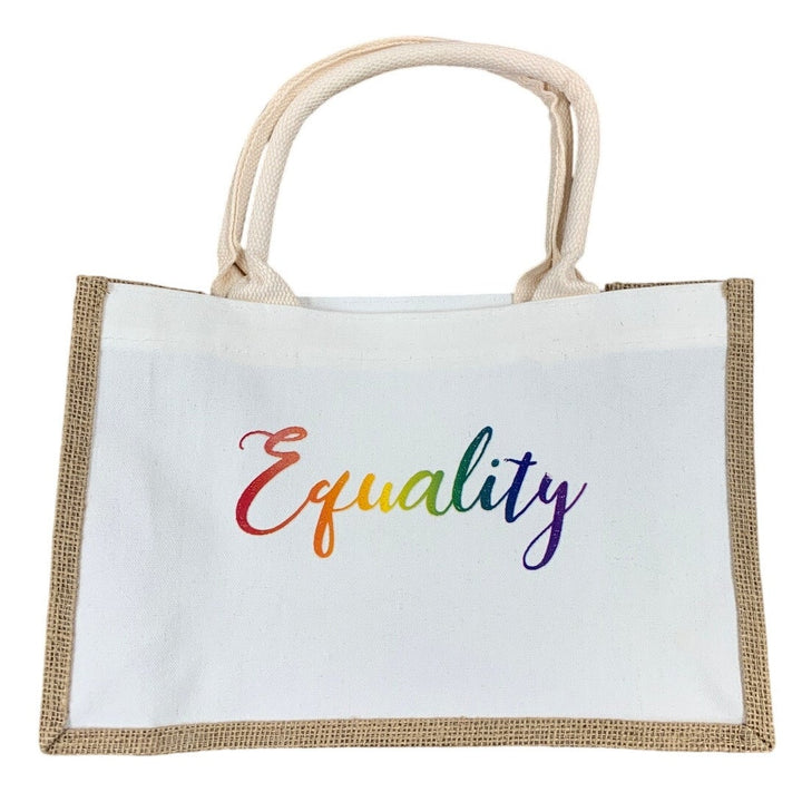 New Hand Printed Rainbow Equality Water Resistant Canvas Jute 2 Handle Tote Bag