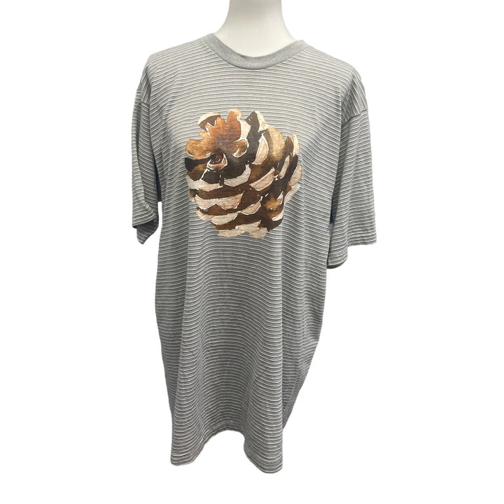 Hand Printed Upcycled Mens XL Woody Pine Cone Short Sleeve Crew Neck Tee Shirt