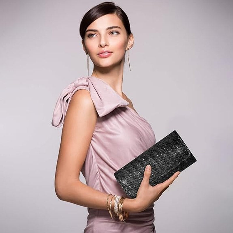 LovyoCoCo Black Silver Glitter Evening Clutch Purse Bag w Shoulder Chain