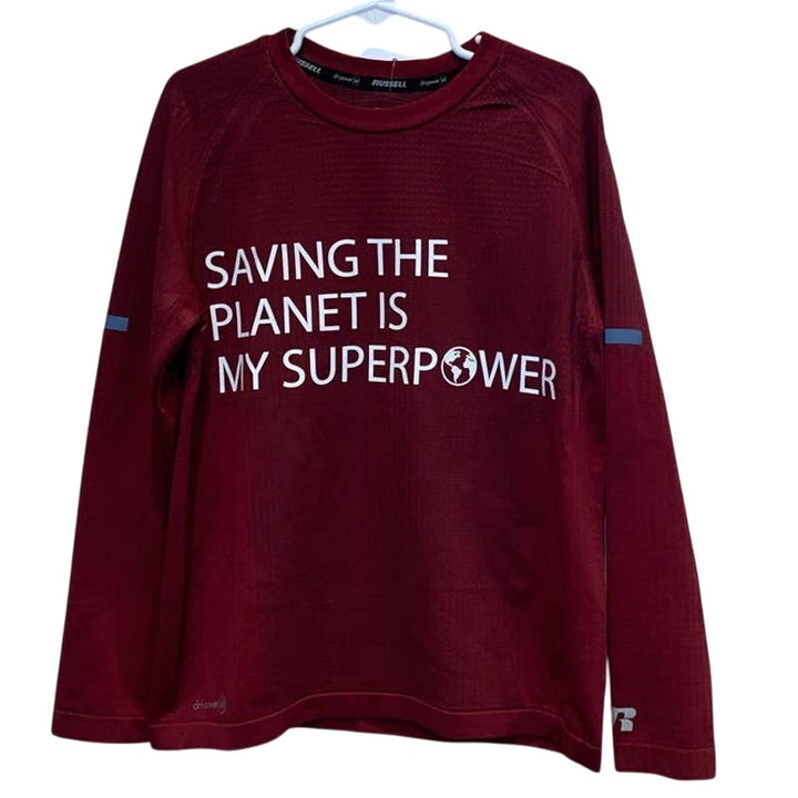 Hand Printed Upcycled Child Medium Saving the Planet Superpower Long Sleeve Tee