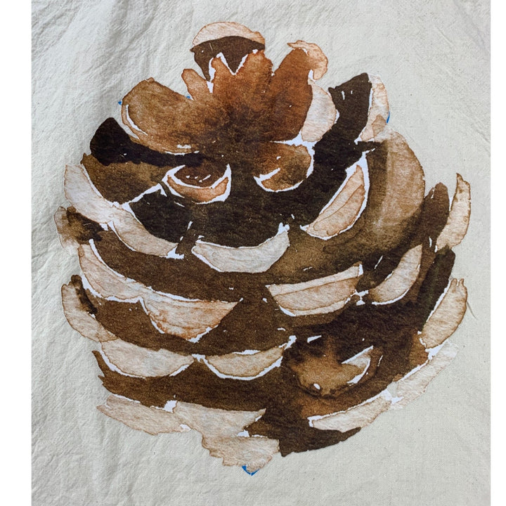 Upcycled Hand Printed Rustic Pinecone 100% Cotton Natural Off White Tote Bag