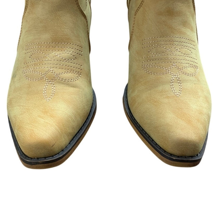IUV Womens 9.5 Tan Faux Leather 2.25" Block Heel Mid Calf Pull On Cowboy Boots
