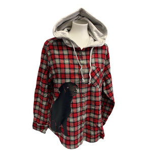 New Hand Printed Womens Large Black Lab Dog Long Sleeve Plaid Flannel Hoodie
