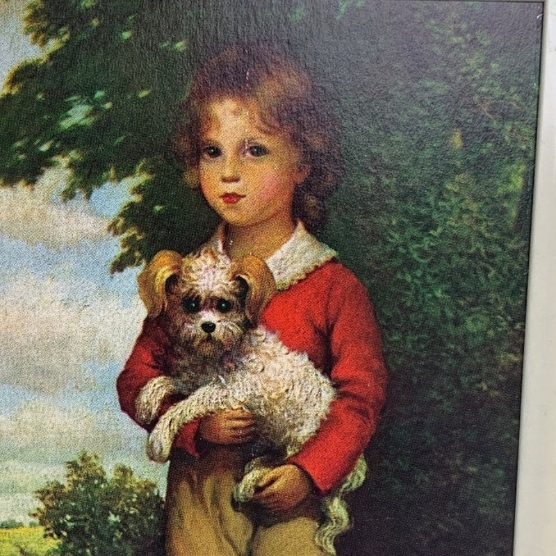 Vintage Pair of Framed Girl with Cat &amp; Boy with Dog Prints