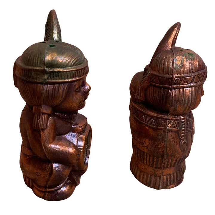 Vintage Copper Made in Japan Native American Man &amp; Woman Salt Pepper Shaker Set