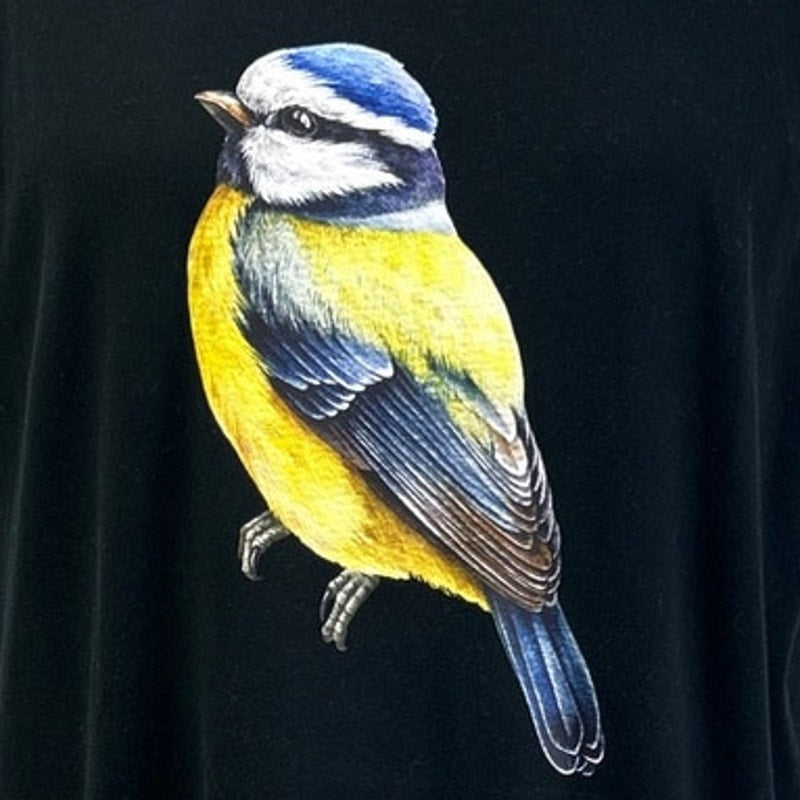 Hand Printed Womens Long 3X Yellow Blue Wild Bird 100% Cotton Crew Neck Tee