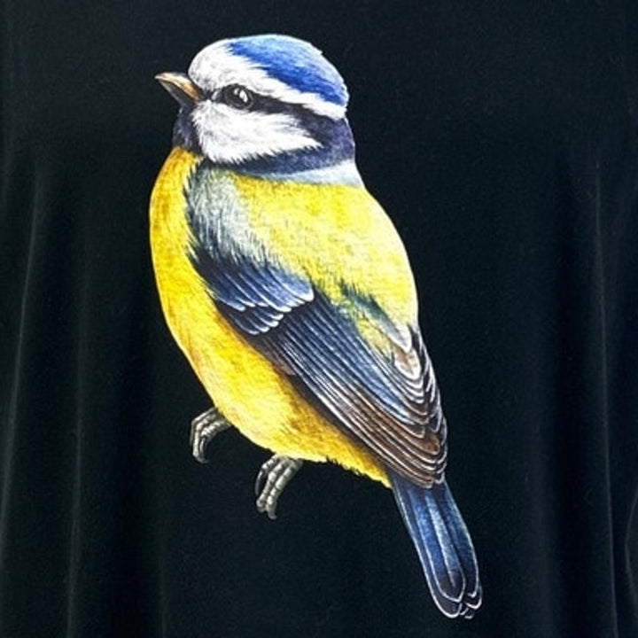 Hand Printed Womens Long 3X Yellow Blue Wild Bird 100% Cotton Crew Neck Tee