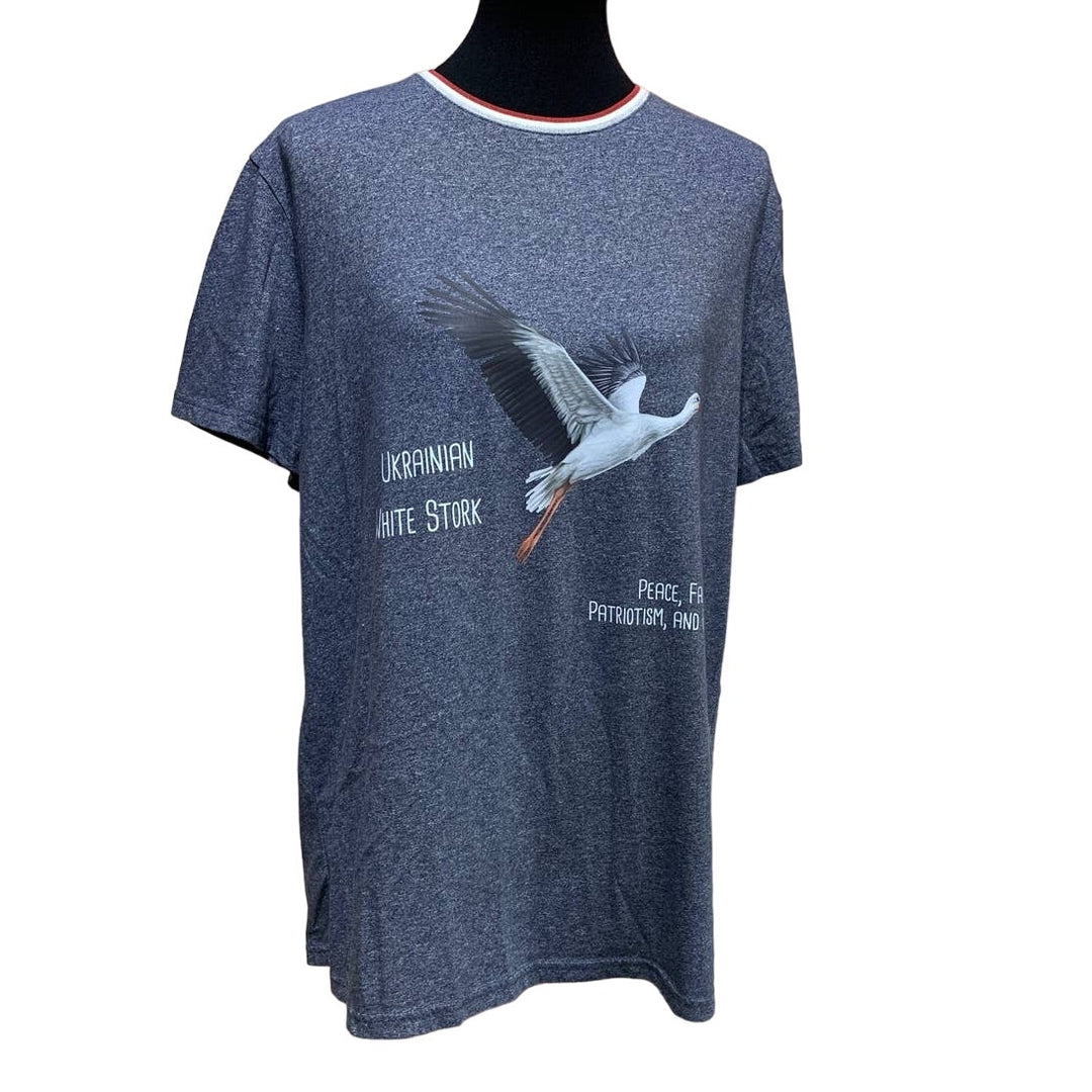 Upcycled Hand Printed Men Large Ukraine Flag Stork Bird Slava Ukraini Artist Tee
