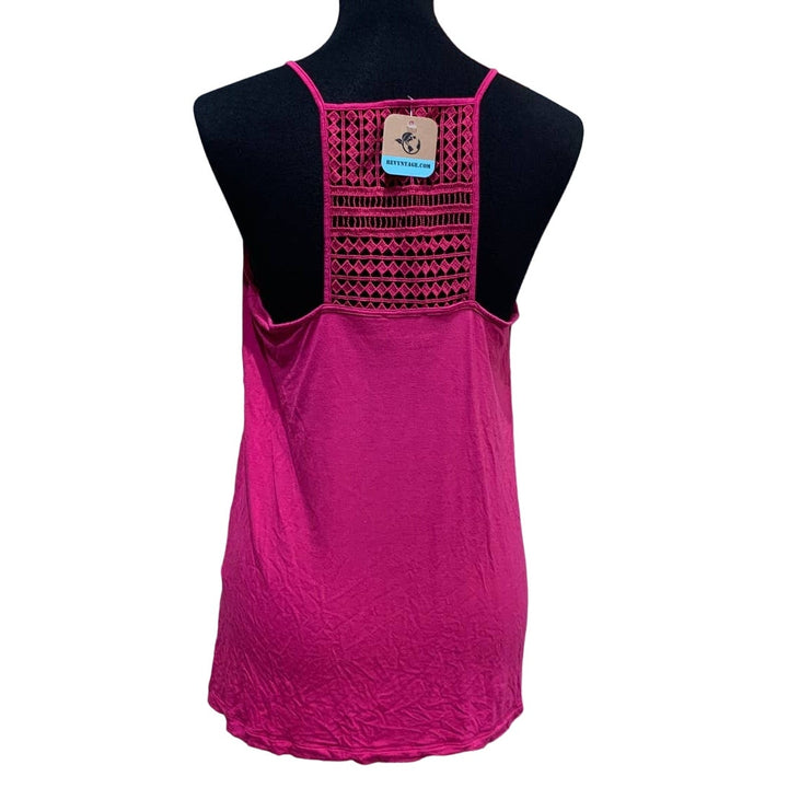 Hand Printed Upcycled Medium Pomeranian Puppy Dog Crochet Back Pink Tank Top