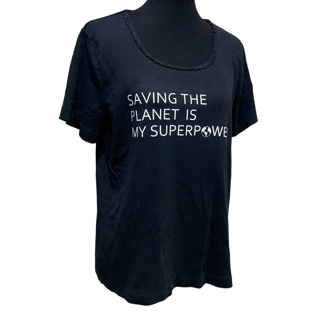 Hand Printed Upcycled Womens XL Saving the Planet is My Superpower Tee Shirt