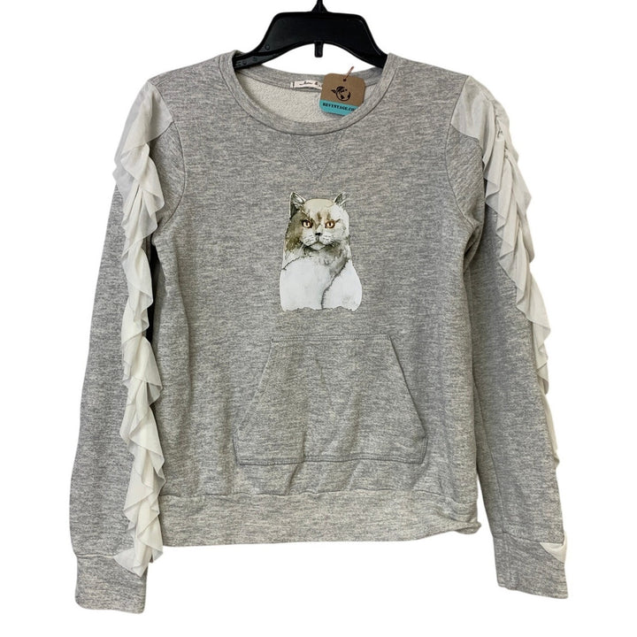 Upcycled Hand Printed Womens Small Smokey Gray Cat Long Sleeve Sweatshirt