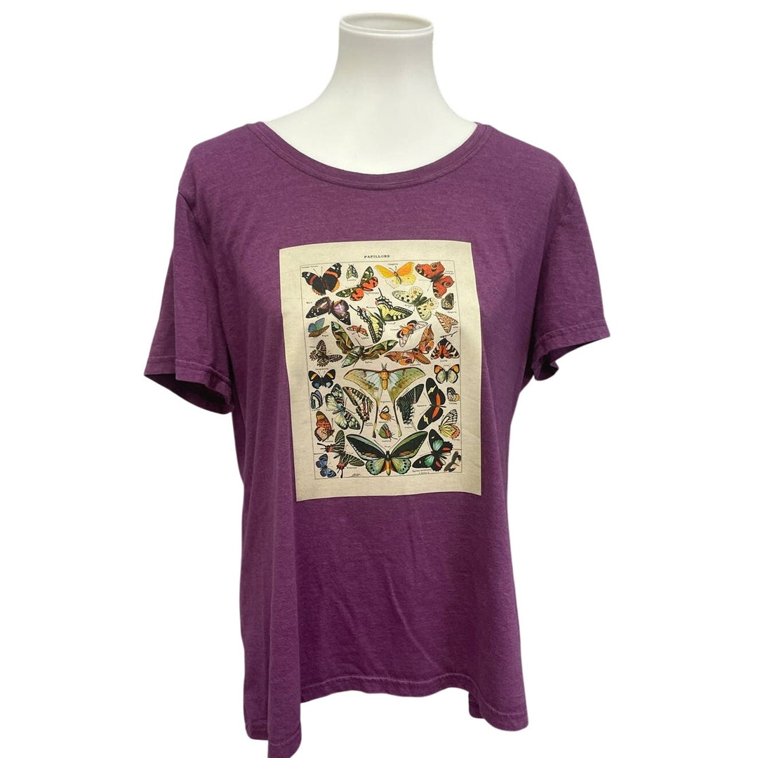 Hand Printed Upcycled Womens XXL Vintage Book Page Butterfly Short Sleeve Tee