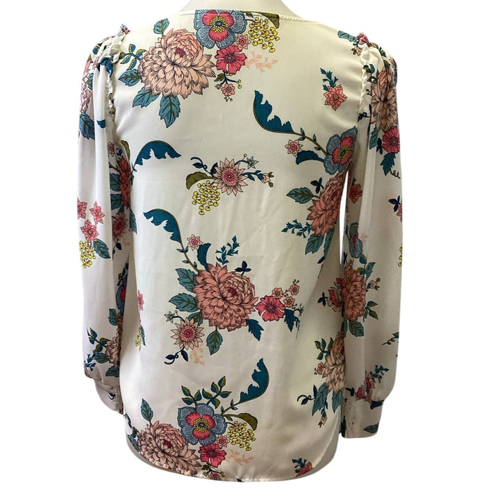 LOFT Petites XXSP Long Sleeve V-Neck Ruffled Shoulder Floral Polyester Blouse