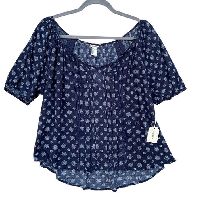 NWT Forever 21 Womens Small Navy Floral Short Sleeve Front Tie Semi Sheer Blouse