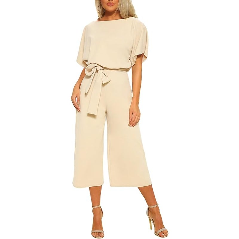 NWT New Chartou Womens XL Short Sleeve Bow Tie Wide Leg Cropped Capri Jumpsuit